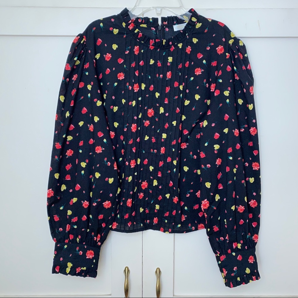 Rixo London Rose Floral Long Sleeve Black Blouse Large